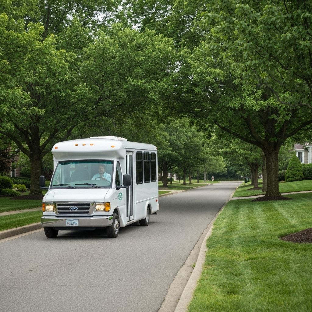Suburban community shuttle by tree-lined road