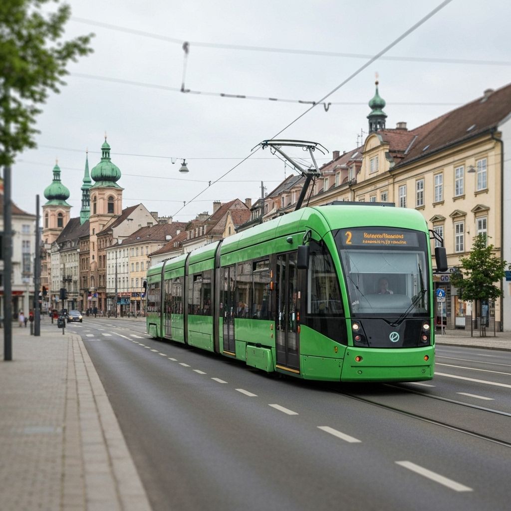 Green tram gliding through city streets