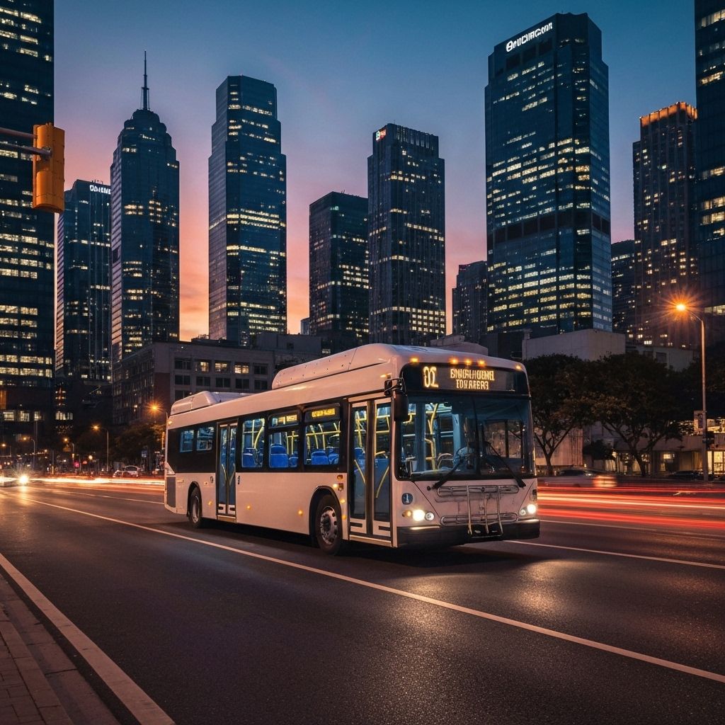Modern city bus at dusk