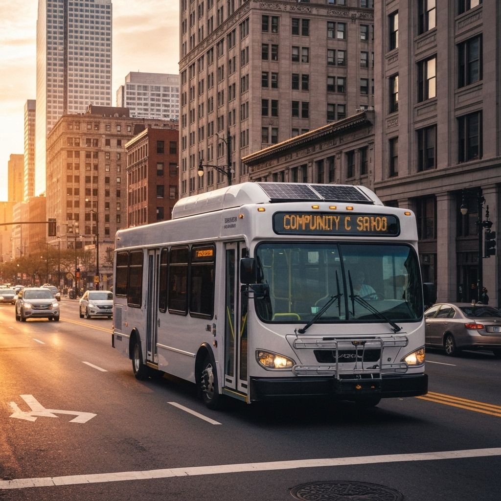 Community shuttle bus at sunset in the city