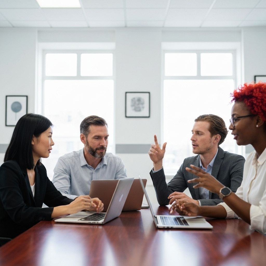 Professional team collaborating in a modern, bright office