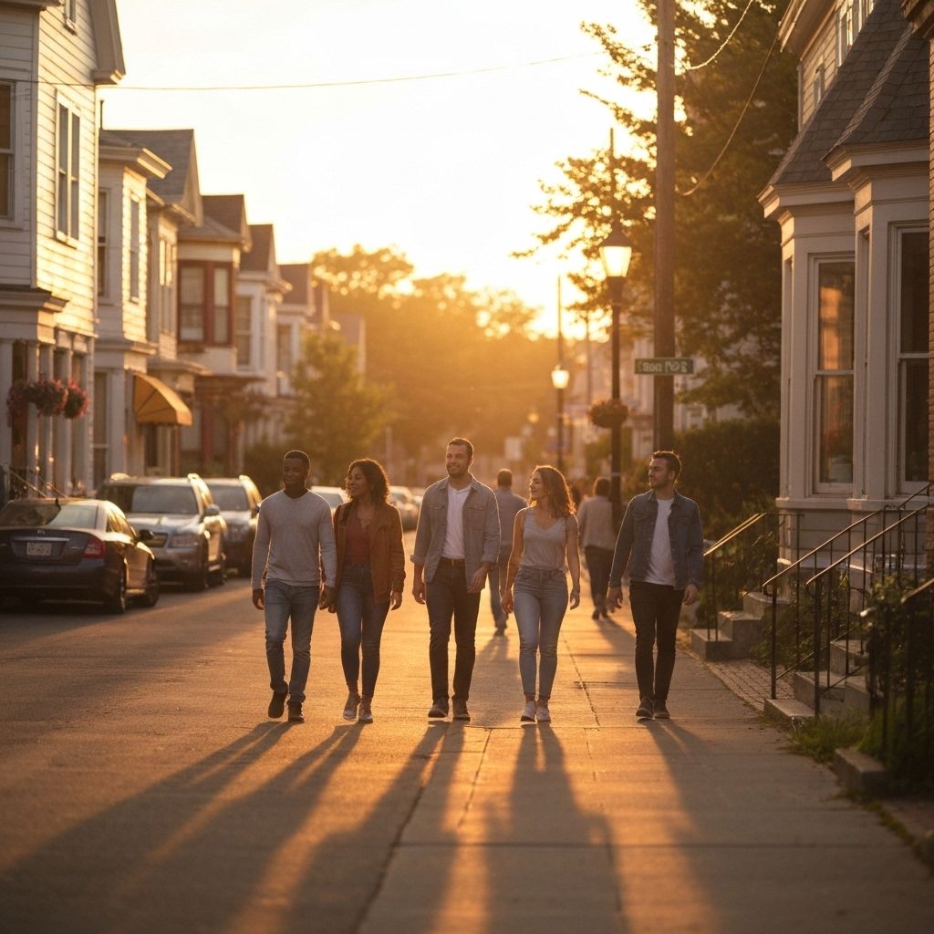 Neighborhood scene with people walking and a calm street